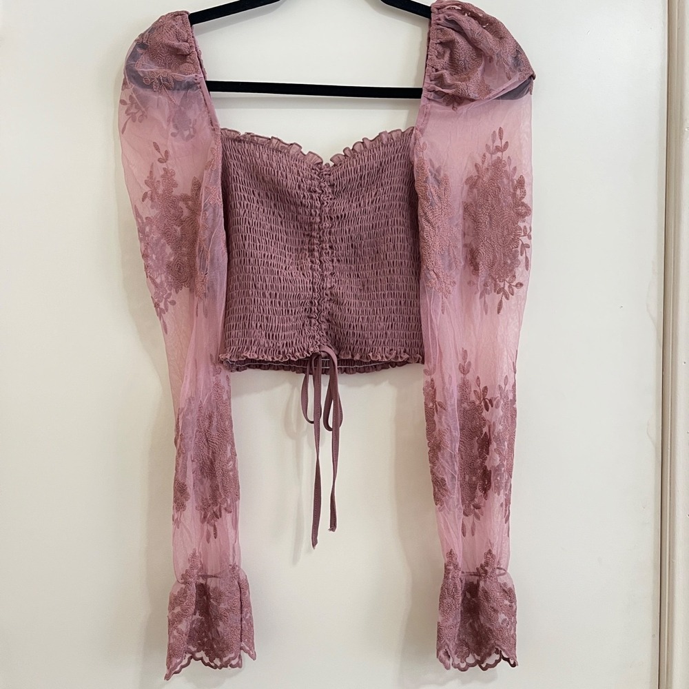 Milkmaid Smocked Embroidered Sheer Lace Crop Top Small Fairy Whimsical Festival